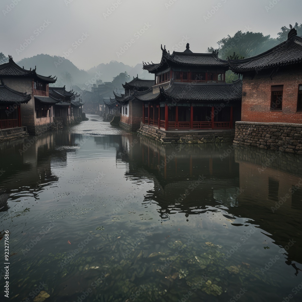 Naklejka premium a small river with a bridge and a reflection of a building in the water.