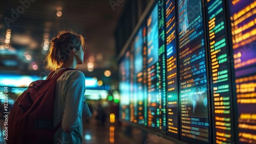 Traveler Checking Flight Information on Digital Display Board at Modern Airport Terminal