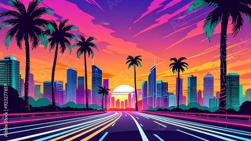 Vibrant cityscape combining a futuristic aesthetic with neonlit roads, palm trees, and a stunning sunset. Ideal for science fictionthemed designs photo