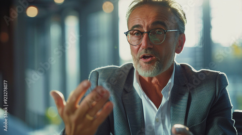 Mature business man close up portrait while explaining, talking, speaking, negotiating, training.