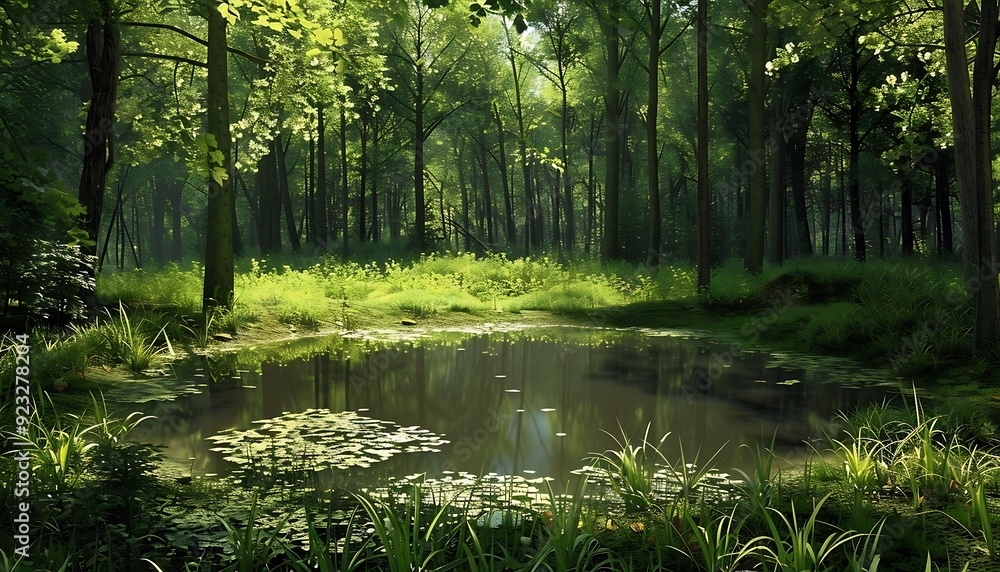 Fototapeta premium Beautiful forest with pond and flowers