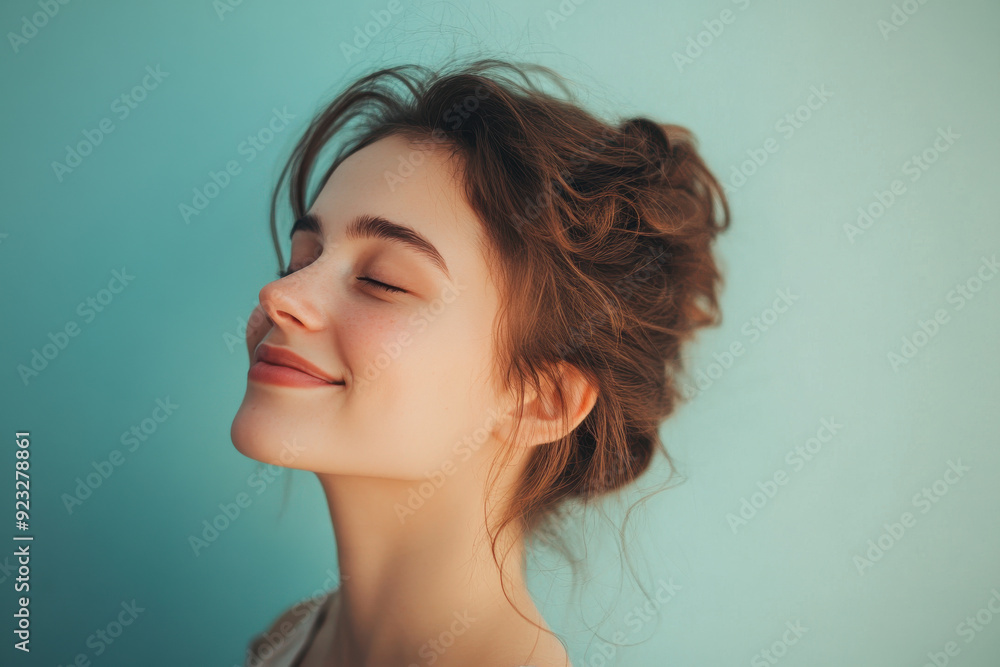 A close up of a woman's face with her eyes closed
