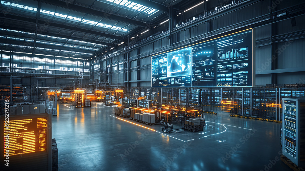 Cutting-Edge Warehouse Management System Control Center with Data Visualizations | Technology Hub for Logistics Cutting-Edge Warehouse Management System Control Center with Data Visualizations | Technology Hub for Logistics
