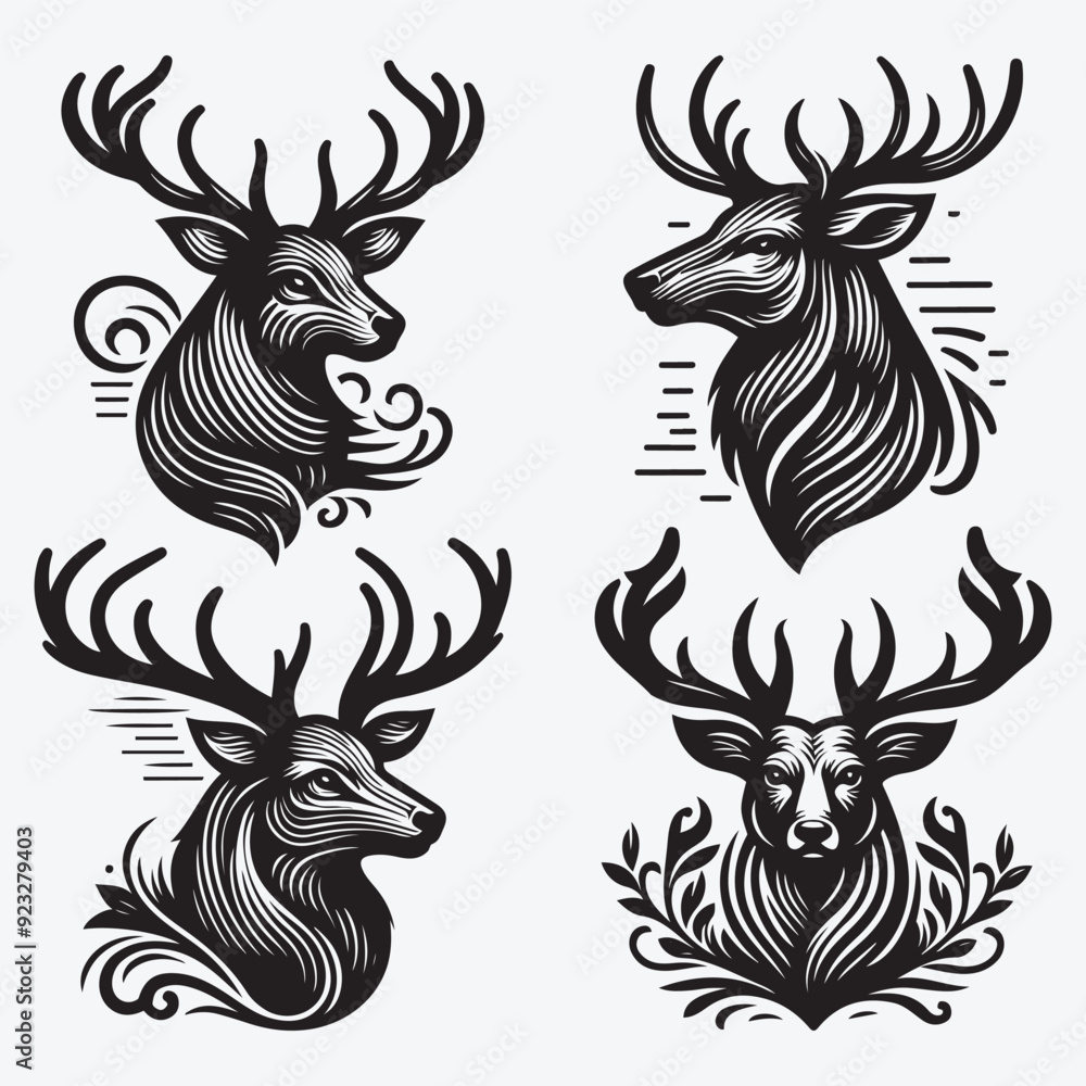 Fototapeta premium Black Deer Silhouette Bundle Logo Illustration Clipart