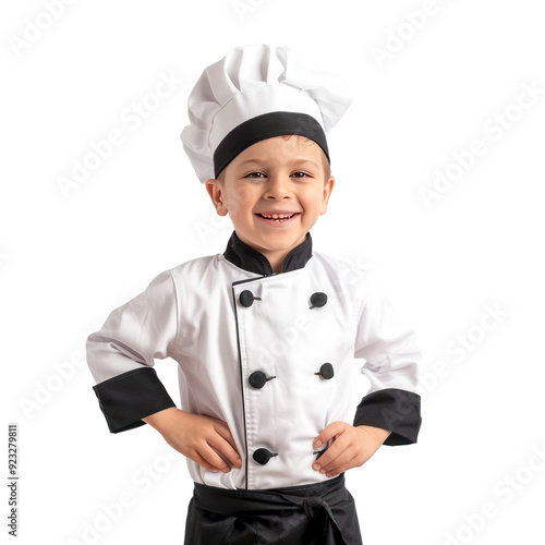 smiling little boy in chef uniform standing isolate on transparency background photo