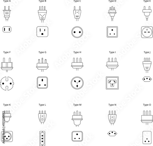 Electrical plug types and outlets by country. Power socket - World standards icons set. Vector illustration.