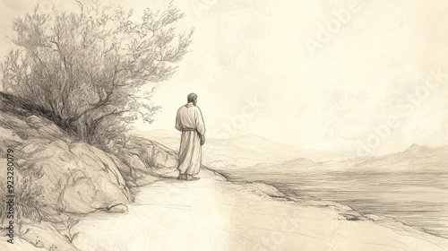 The Brook Cherith Gradually Dries Up as Elijah Contemplates His Next Move, 1 Kings Biblical Illustration, Bible Wall Art, Beige Background photo