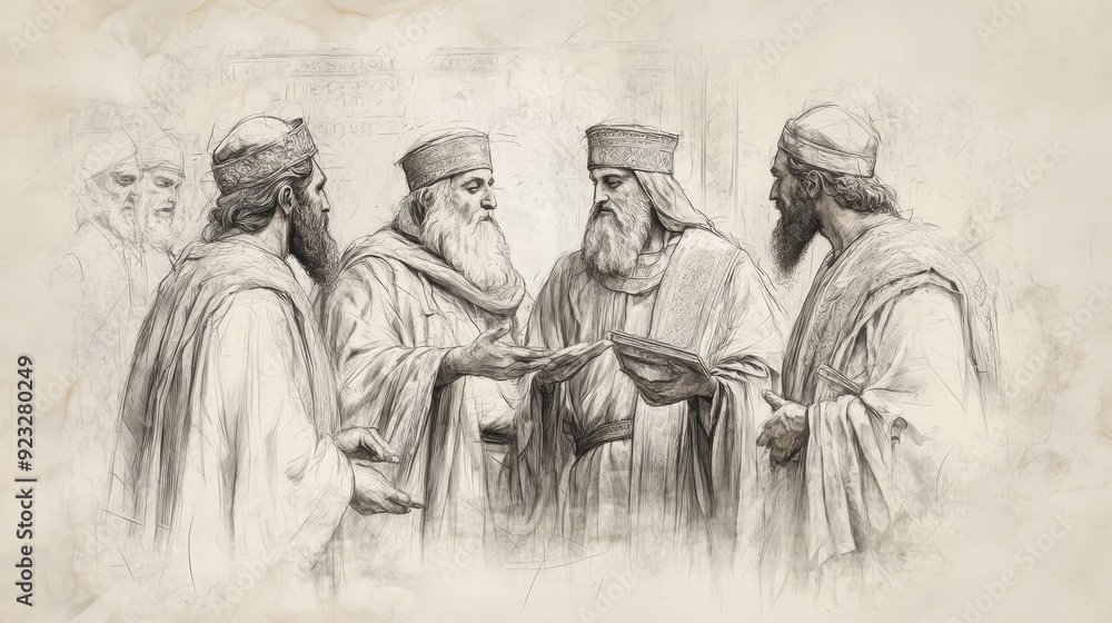 Fototapeta premium Biblical Illustration of The Death of David and the Reign of Solomon: Solomon Instructing His Officials, Demonstrating New Authority and Wisdom, Beige Background