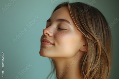 A close up of a woman's face with her eyes closed