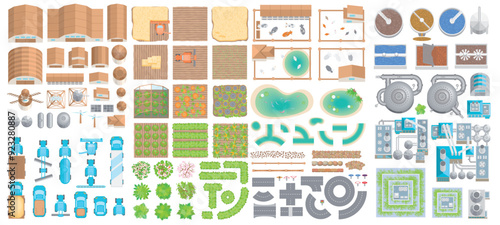 Top view. A collection of isolated vector illustrations of agricultural and livestock eco-friendly farms. Eco-conscious production equipment. Farm buildings, machinery, fields, ponds, equipment