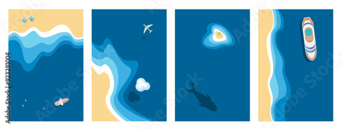 Top view of a set of colour minimalistic vector illustrations the coastline of sea,  island, airplane above the sea, yacht, beach umbrellas, seagulls, clouds, cruise ship. View from above