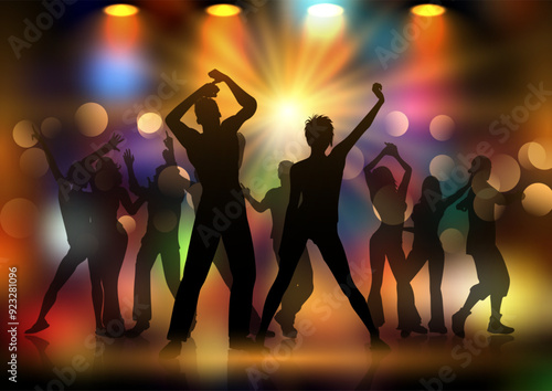 Silhouettes of a group of people dancing on a disco lights background