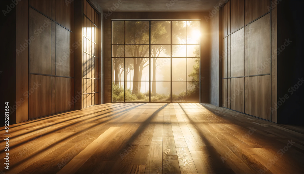 Obraz premium Sunlight pours through large floor-to-ceiling windows into a spacious, empty room with glossy wooden floors. The warm light creates a serene and inviting atmosphere. 