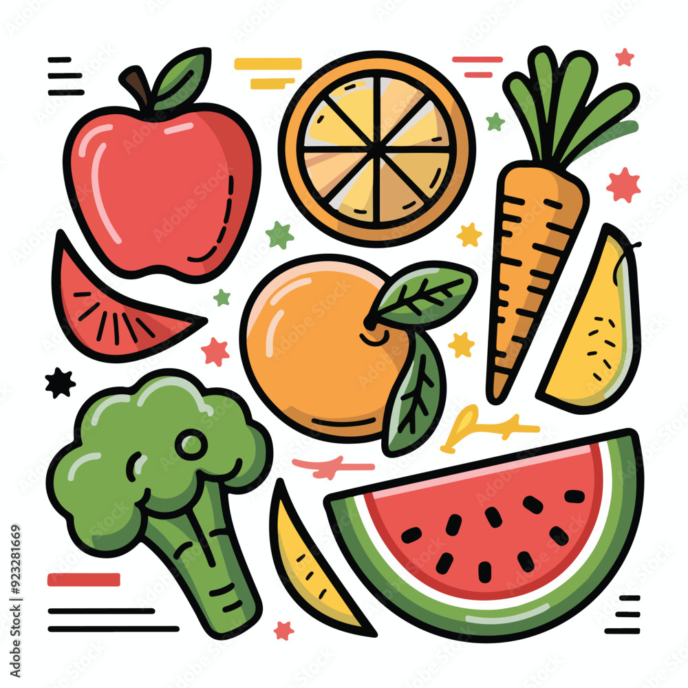 Set of healthy food stickers on white background, illustration Set of healthy food stickers on white background, illustration