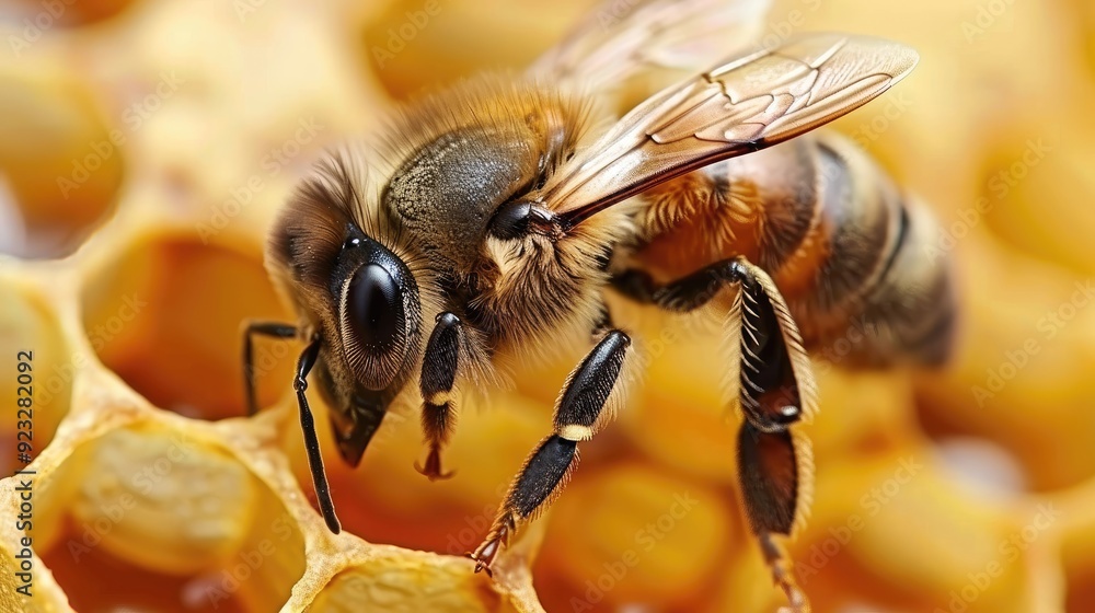A bee is standing on a honeycomb A bee is standing on a honeycomb