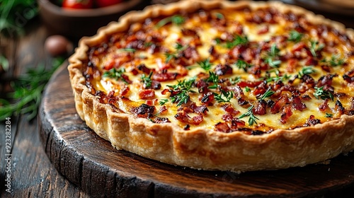 Quiche Lorraine with bacon, cheese, and savory custard on rustic wooden table , French cuisine, traditional, savory pie