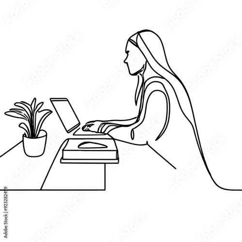 Home office or working at home concept. Computer on desk, books and table lamp. Workspace and business place. Workplace at home,office at home line art