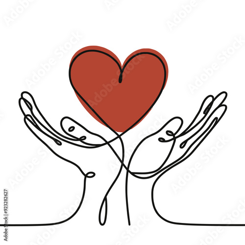 Continuous one line drawing, hands holding heart.