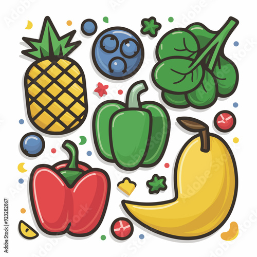 Set of healthy food stickers on white background, illustration