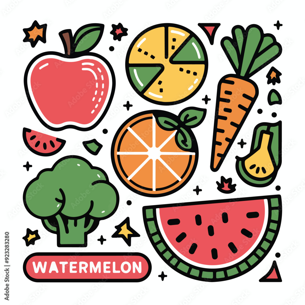 Set of healthy food stickers on white background, illustration Set of healthy food stickers on white background, illustration