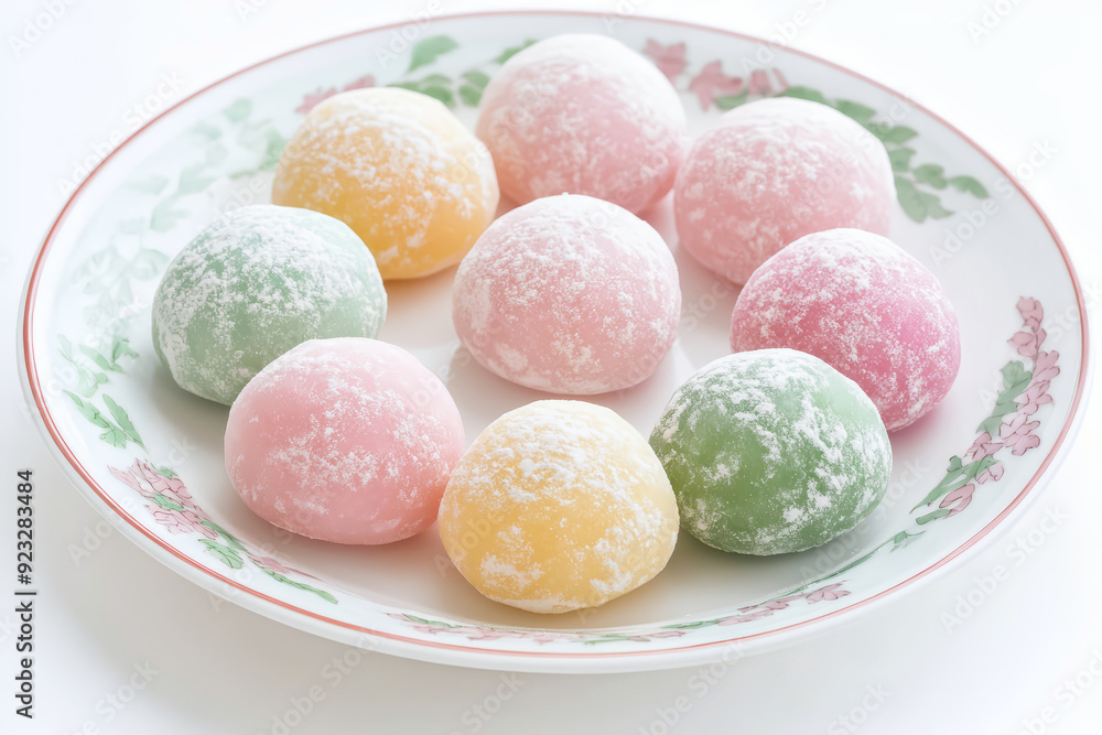 Japanese mochi pastel colored on white plate Japanese mochi pastel colored on white plate