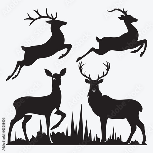 Black Deer Silhouette Bundle Logo Illustration Clipart 
