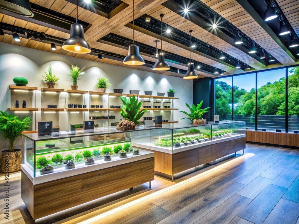 A modern retail store specializing in various cannabis products, buds, and accessories, with a bright and clean atmosphere, showcasing an array of reputable brands. A modern retail store specializing in various cannabis products, buds, and accessories, with a bright and clean atmosphere, showcasing an array of reputable brands.