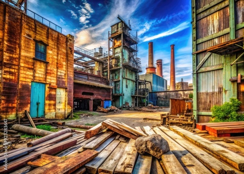 distressed wood biomethanol production scraps rusty machinery crumbling factory walls gritty urban atmosphere contrasting vivid colors sharp shadows industrial revitalization urban renewal photo