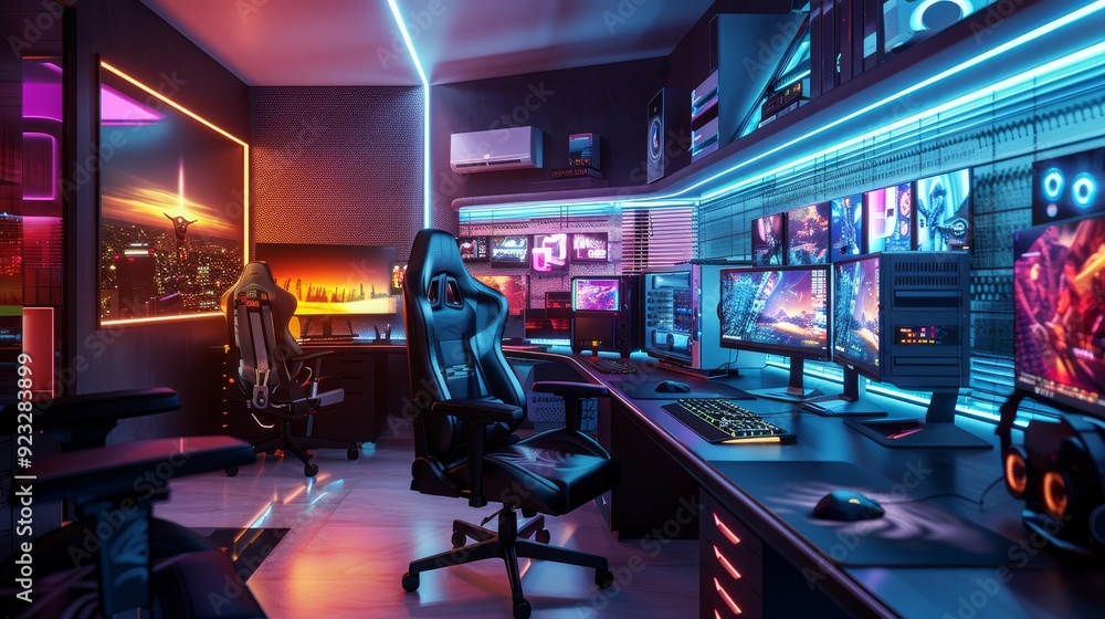 Fototapeta premium Digital Haven Teen's Tech Oasis with MultiMonitor Setup Gaming Chairs and LED Ambiance