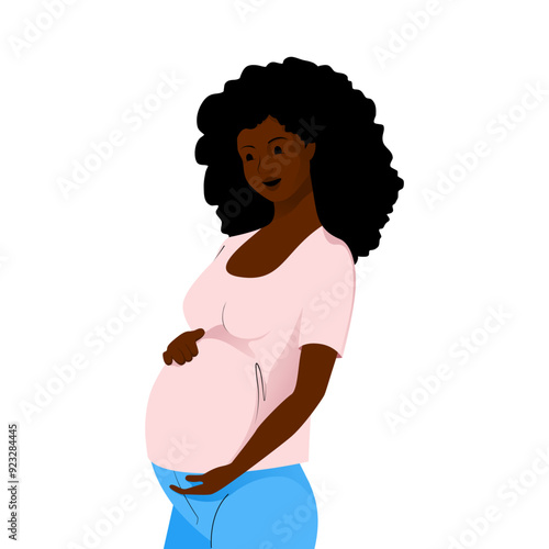 Smiling african american pregnant woman with curly hair tenderly holding her belly