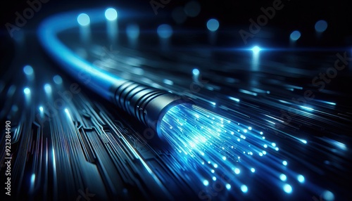 glowing blue internet cable with light particles symbolizing high-speed internet and data transfer technology connectivity