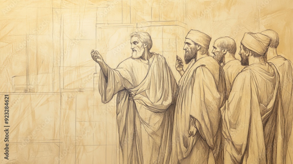 Fototapeta premium Biblical Illustration of Solomon Inspecting the Progress of Temple Construction, Surrounded by His Advisors, Bible Wall Art, Beige Background