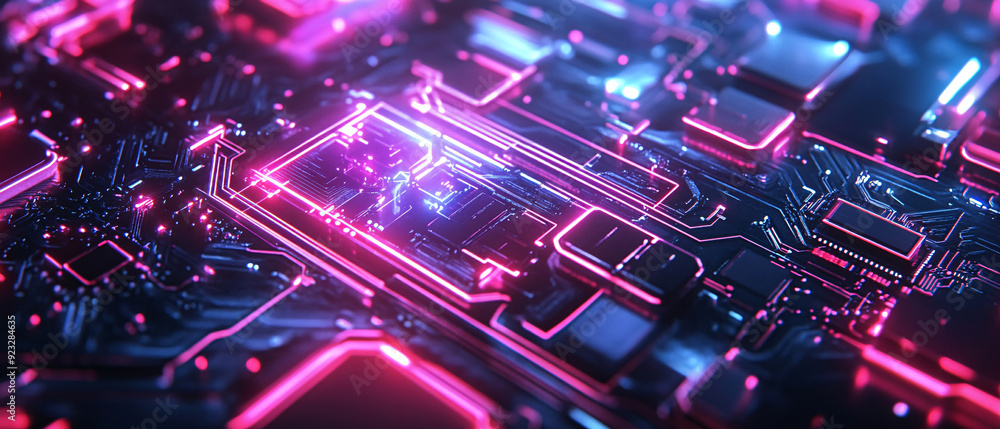 Fototapeta premium Abstract Circuit Board with Pink Neon Lights Futuristic Technology Background, Abstract Circuit Board with Pink Neon Lights Futuristic Technol