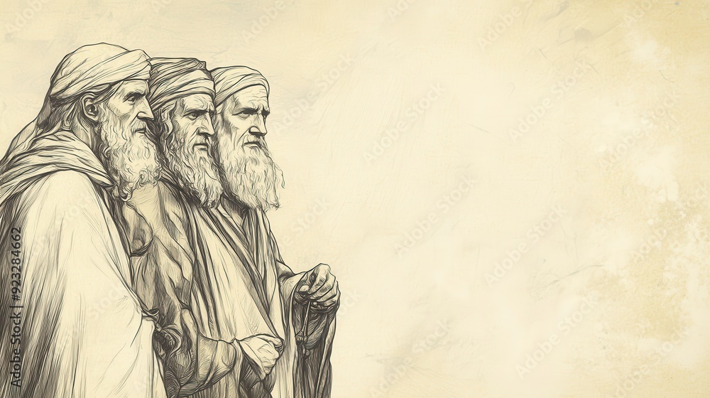 Fototapeta premium Biblical Illustration of 2 Kings: Sons of Prophets Search for Elijah for Three Days, Not Finding Him, Bible Wall Art with Beige Background