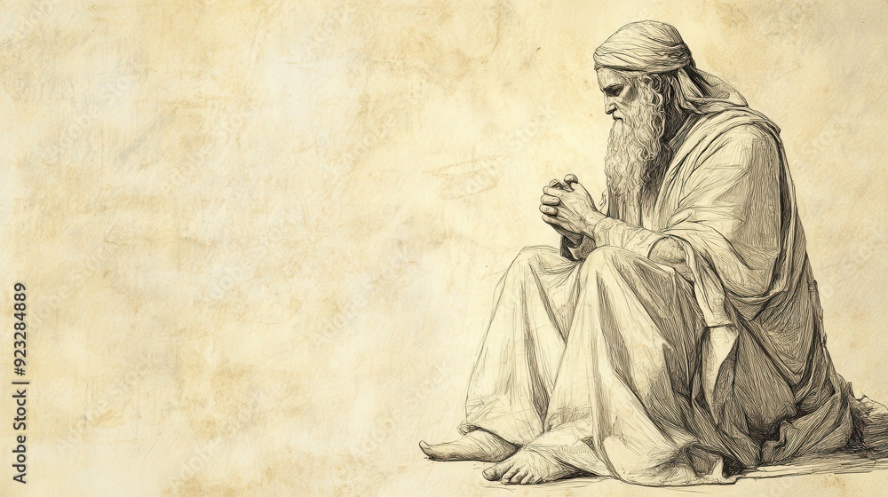 Fototapeta premium Biblical Illustration of Solomon Praying at Gibeon Where God Grants Him Wisdom, Depicting a Divine Encounter, Bible Wall Art, Beige Background