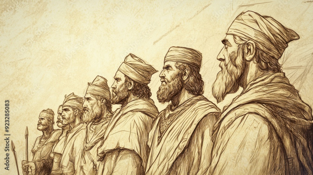 Fototapeta premium Biblical Illustration of 1 Kings: The People of Judah Reaffirming Loyalty to Rehoboam Amid Secession, Bible Wall Art with Beige Background for Spiritual Reflection and Worship