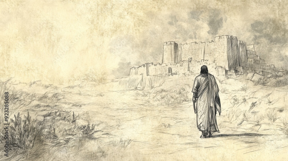 Fototapeta premium Biblical Illustration of Naboth Firmly Refusing Ahab’s Offer, Citing His Inheritance, Bible Wall Art, Beige Background