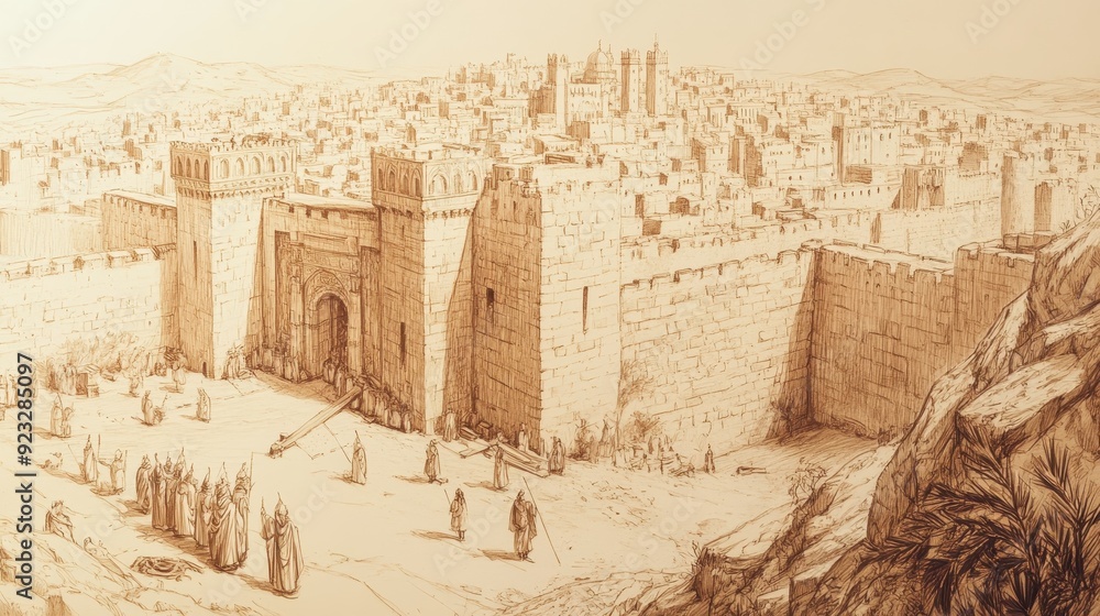 Biblical Illustration of Jerusalem's Citizens Repairing and Reinforcing City Walls After the Assyrian Threat Is Averted, Bible Wall Art, Beige Background