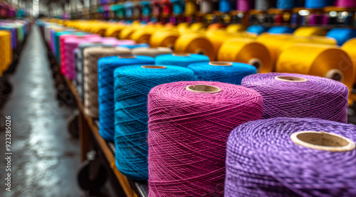 A row of colorful yarns are displayed in a factory. The colors include blue, purple, pink, and yellow