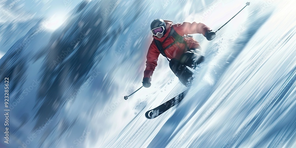 A skier carving through fresh powder on a steep slope, with motion blur to capture the speed and excitement. A skier carving through fresh powder on a steep slope, with motion blur to capture the speed and excitement.