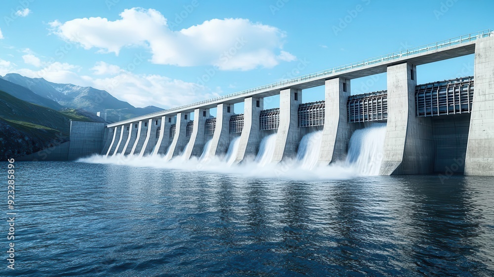 A hydropower dam s spillway with controlled water release, showcasing reinforced structures and water flow dynamics, ultra-detailed, renewable energy infrastructure A hydropower dam s spillway with controlled water release, showcasing reinforced structures and water flow dynamics, ultra-detailed, renewable energy infrastructure