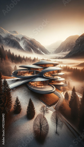 A futuristic building with organic curves and glass walls is situated on a frosty landscape, surrounded by snow-covered mountains and trees, creating a surreal and innovative design. 