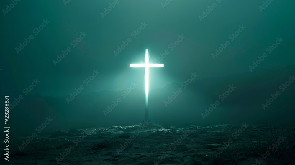 Luminous cross stands on a rugged terrain surrounded by mist Luminous cross stands on a rugged terrain surrounded by mist