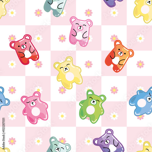 Cute bears, Colorful sweet jelly bears, gummy candies on flower simple background. Seamless pattern. Texture for fabric, wallpaper, decorative print.