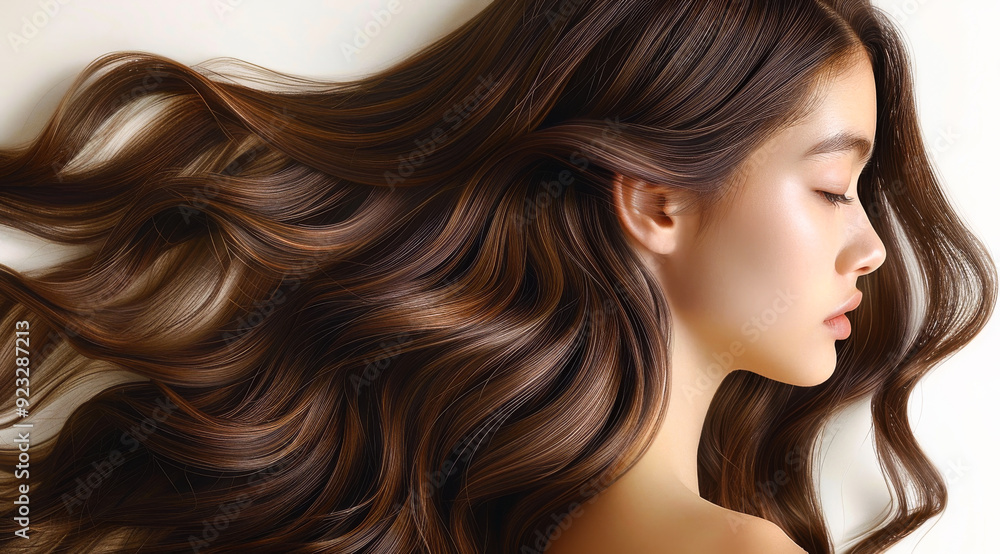 A woman with long brown hair is shown with her head tilted back. The hair is styled in a way that it is flowing and has a shiny, healthy look. Scene is relaxed and carefree A woman with long brown hair is shown with her head tilted back. The hair is styled in a way that it is flowing and has a shiny, healthy look. Scene is relaxed and carefree