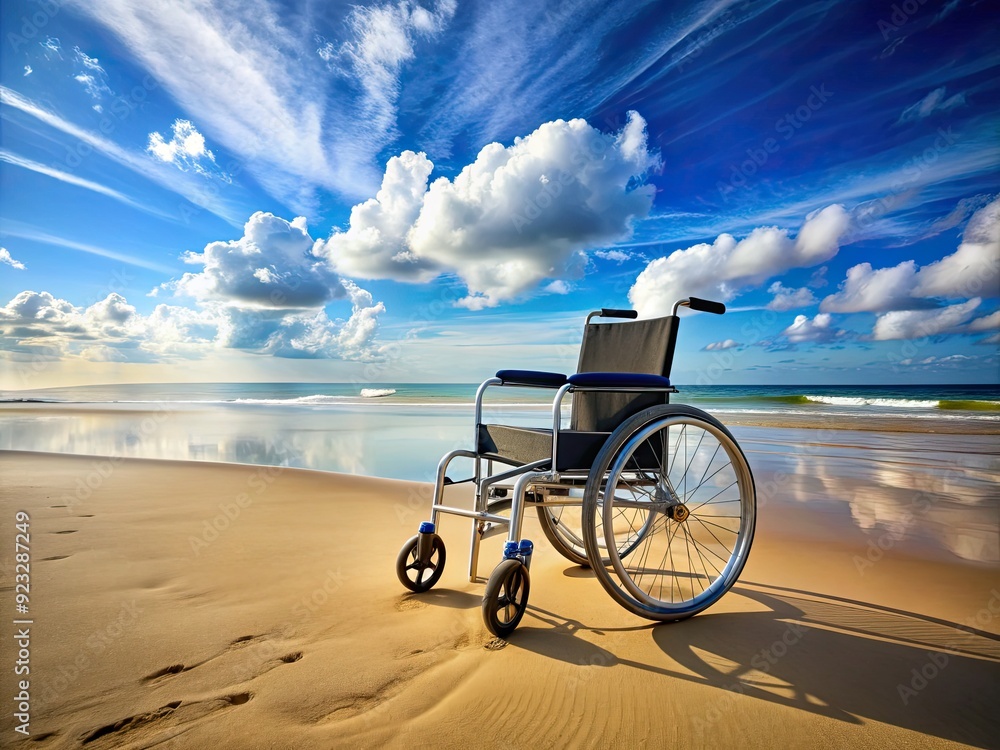 Fototapeta premium A sleek, modern wheelchair traverses a sun-kissed beach, symbolizing empowerment and limitless possibilities against a vibrant blue sky with fluffy white clouds.