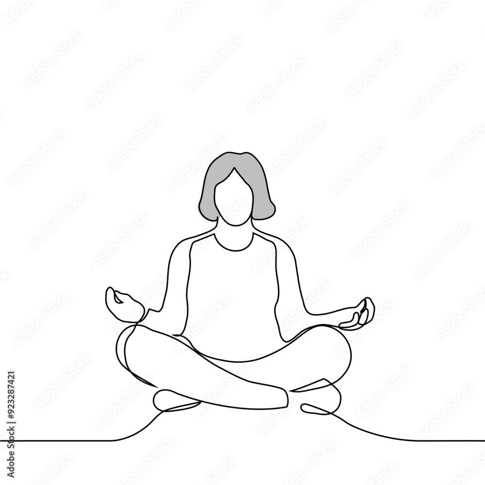 elderly gray-haired woman sitting in lotus position - one line art vector. yoga class concept elderly gray-haired woman sitting in lotus position - one line art vector. yoga class concept