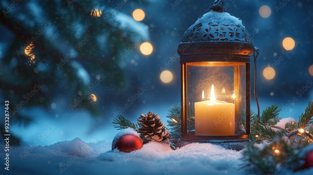 A Christmas lantern with a candle on a snowy night background A Christmas lantern with a candle on a snowy night background