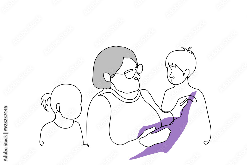 gray haired grandma in glasses reads a book to her grandchildren - one line art vector. concept grandma and grandchildren listen to fairy tales gray haired grandma in glasses reads a book to her grandchildren - one line art vector. concept grandma and grandchildren listen to fairy tales