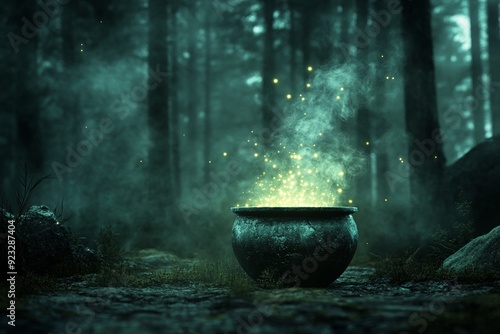A cauldron with a bubbling potion on a dark forest background